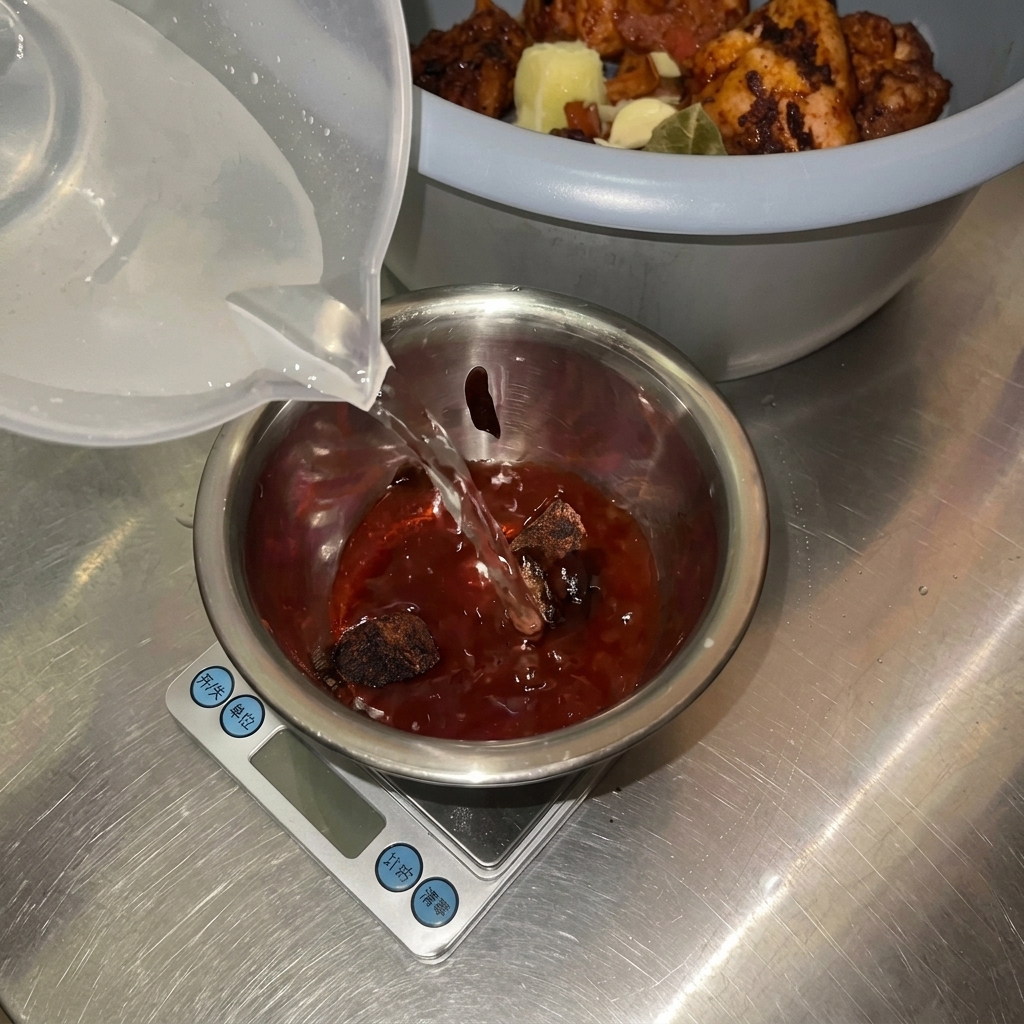 Woda wlewana do metalowej miski zawierającej ciemne przyprawy i proszek chili, gotowe do wymieszania na sos.