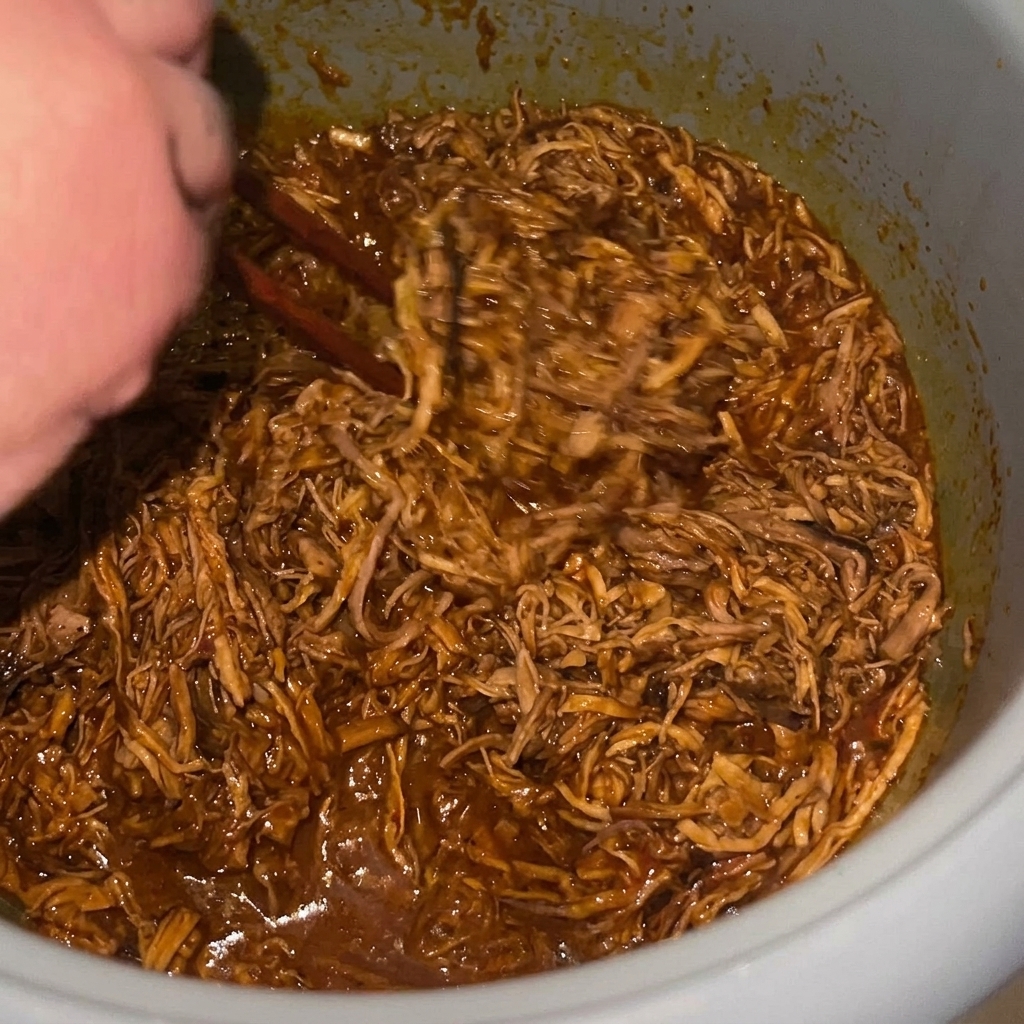 Szarpana wieprzowina mieszana w garnku z bogatym, ciemnym sosem, w pełni gotowa do końcowego podgrzania.