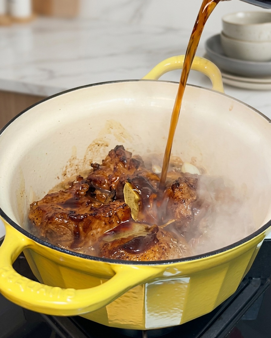 Cola wlewana do garnka z mięsem, cebulą i sosem barbecue.