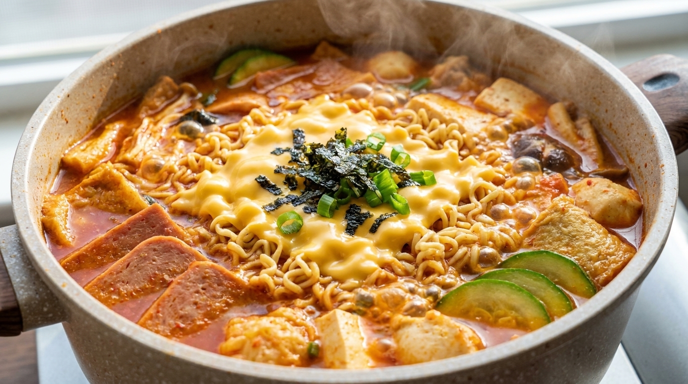 Bulgoczący, pikantny garnek Budae-jjigae z roztopionym serem, płatkami wodorostów i zieloną cebulką.