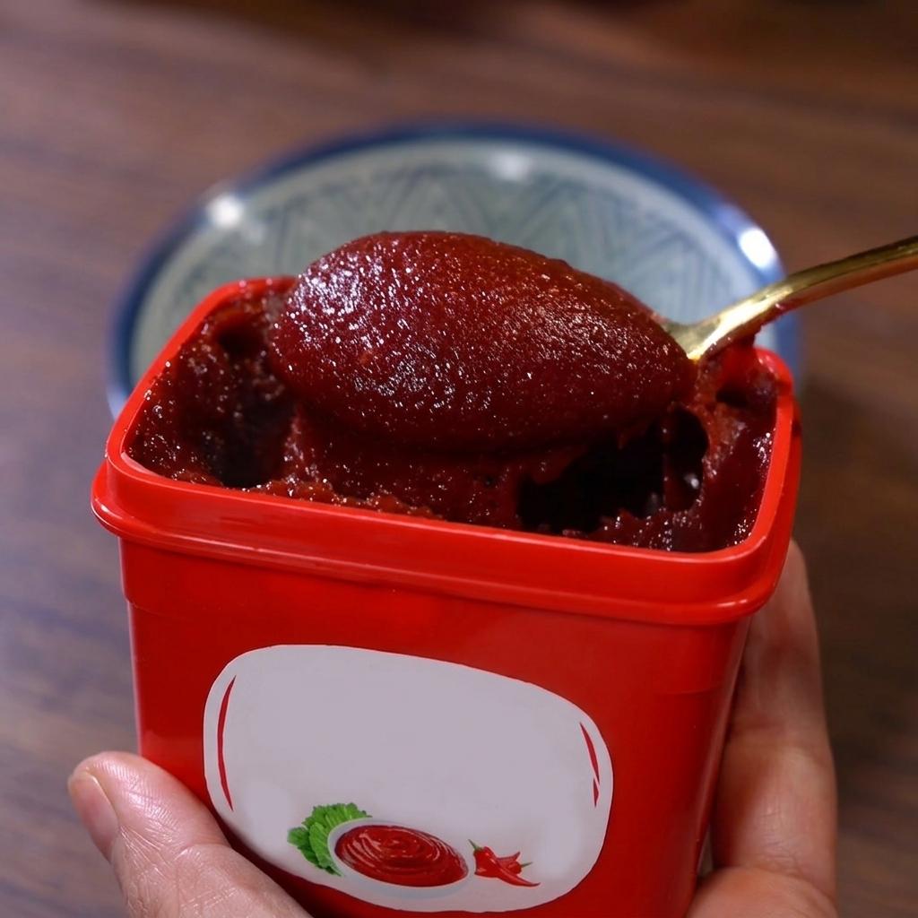 Mała miseczka z koreańską czerwoną pastą chili mieszaną z pozostałymi składnikami.
