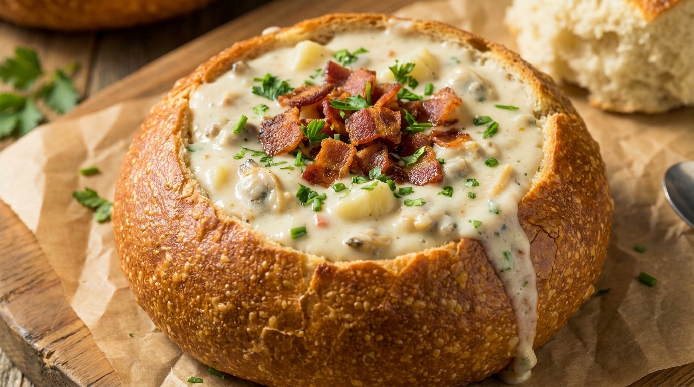 Kremowy chowder z małżami w chlebie na zakwasie