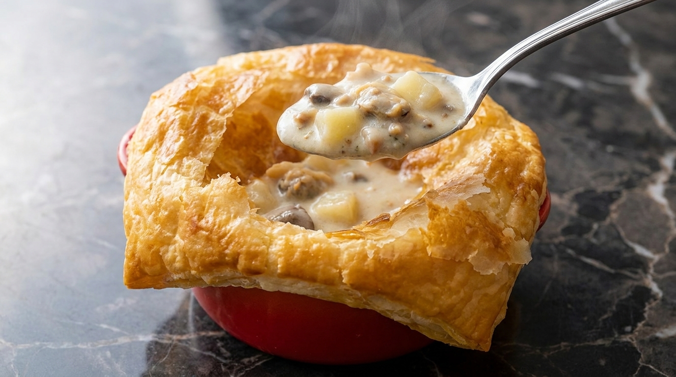 Kremowy chowder z małżami pod ciastem francuskim