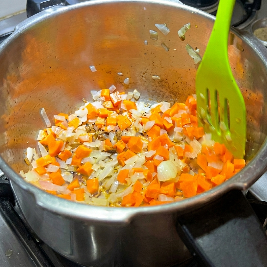 Marchewka dodawana do garnka z podsmażoną cebulą.