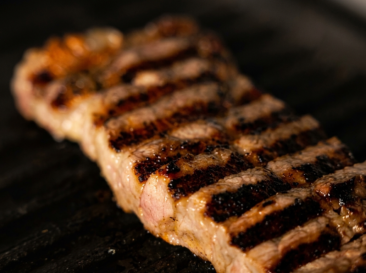 Zbliżenie na kawałek steka z widocznymi ciemnymi śladami grillowania.