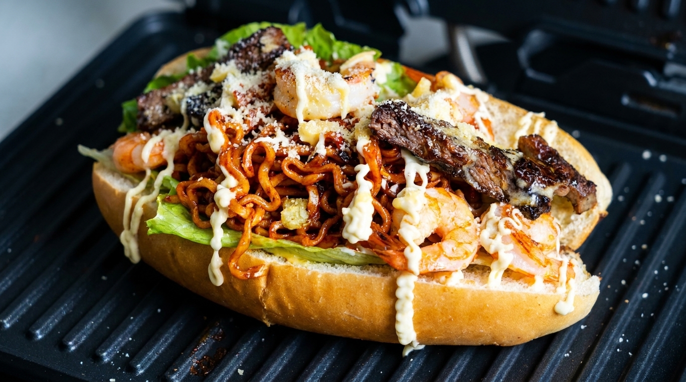 Gourmet hot dogi z makaronem typu fire, grillowanymi krewetkami, kawałkami steka i sosem.