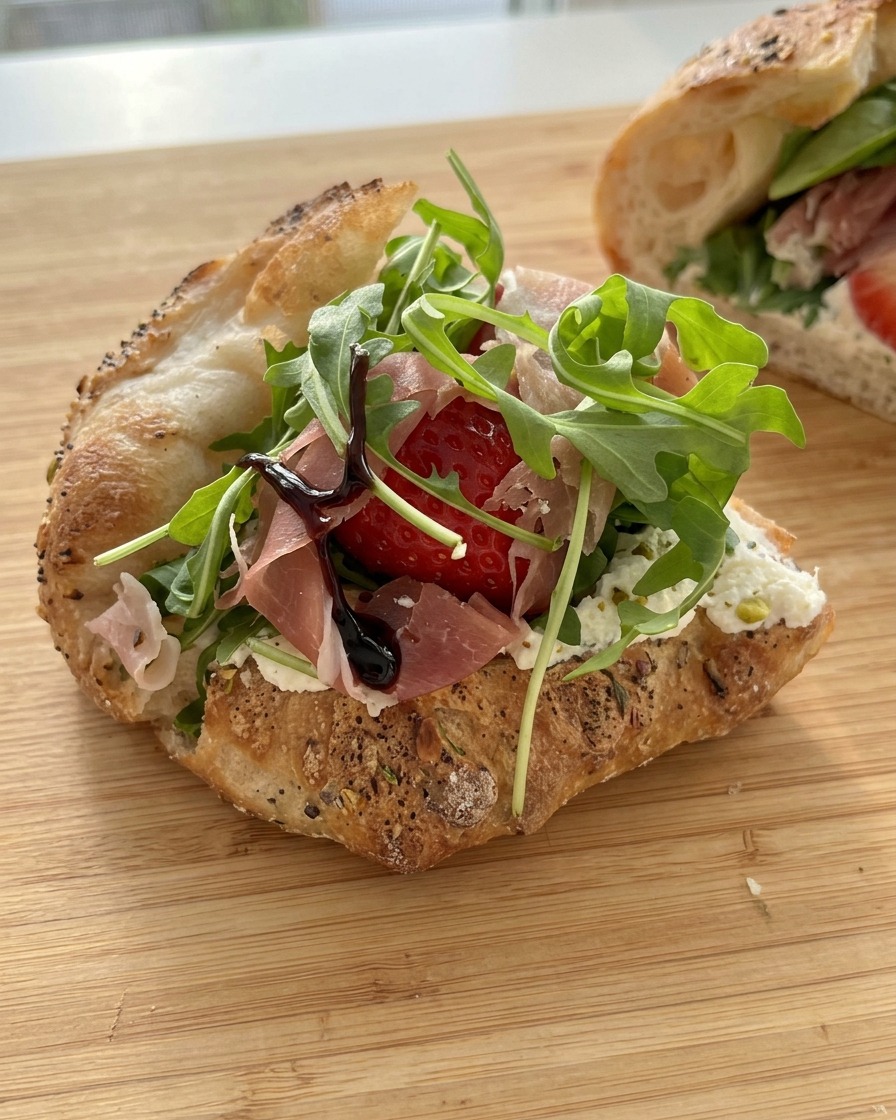 Ciemna glazura balsamiczna spływająca na świeżą kanapkę wypełnioną prosciutto, truskawkami i rukolą.