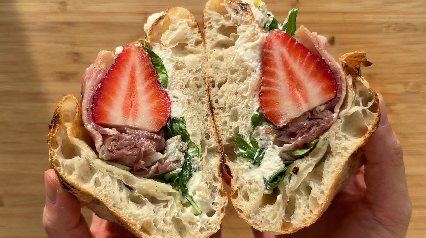 Kanapka z ciasta do pizzy z truskawkami, prosciutto i ricottą