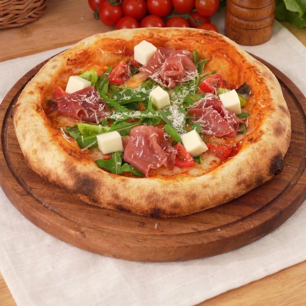 Widok z góry na białą miskę zawierającą odmierzoną mąkę do pizzy i suche składniki.