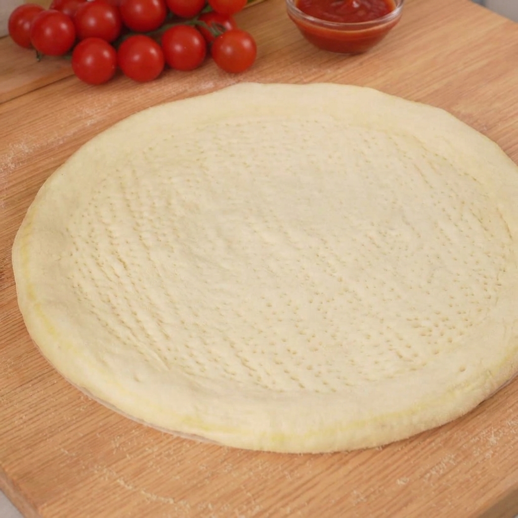 Chochla lub łyżka rozprowadzająca żywoczerwony sos pomidorowo-bazyliowy na surowym cieście do pizzy.