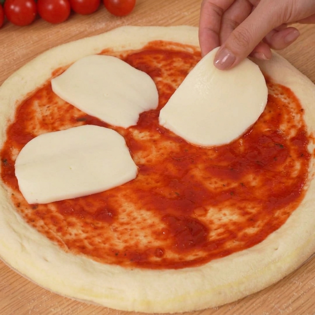 Baza pizzy z sosem, pokryta kawałkami białej mozzarelli i czerwonymi połówkami pomidorków koktajlowych.