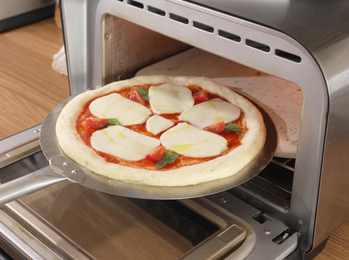 Metalowa łopata wkładająca surową pizzę z dodatkami do gorącego, rozgrzanego pieca do pizzy.