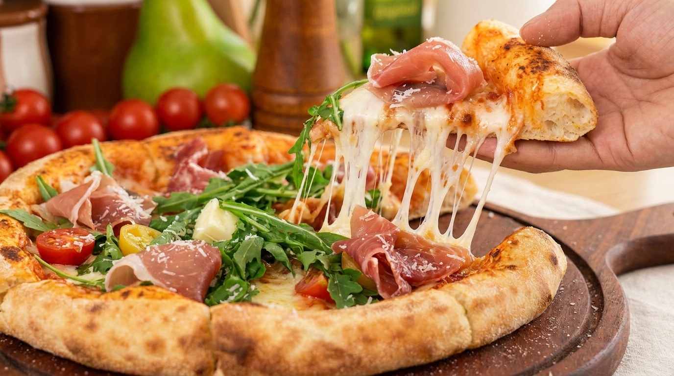 Świeża Pizza z Szynką Parmeńską i Rukolą