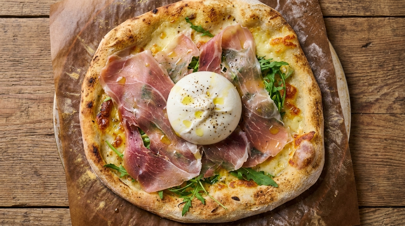 Wykwintna pizza z szynką parmeńską i burratą