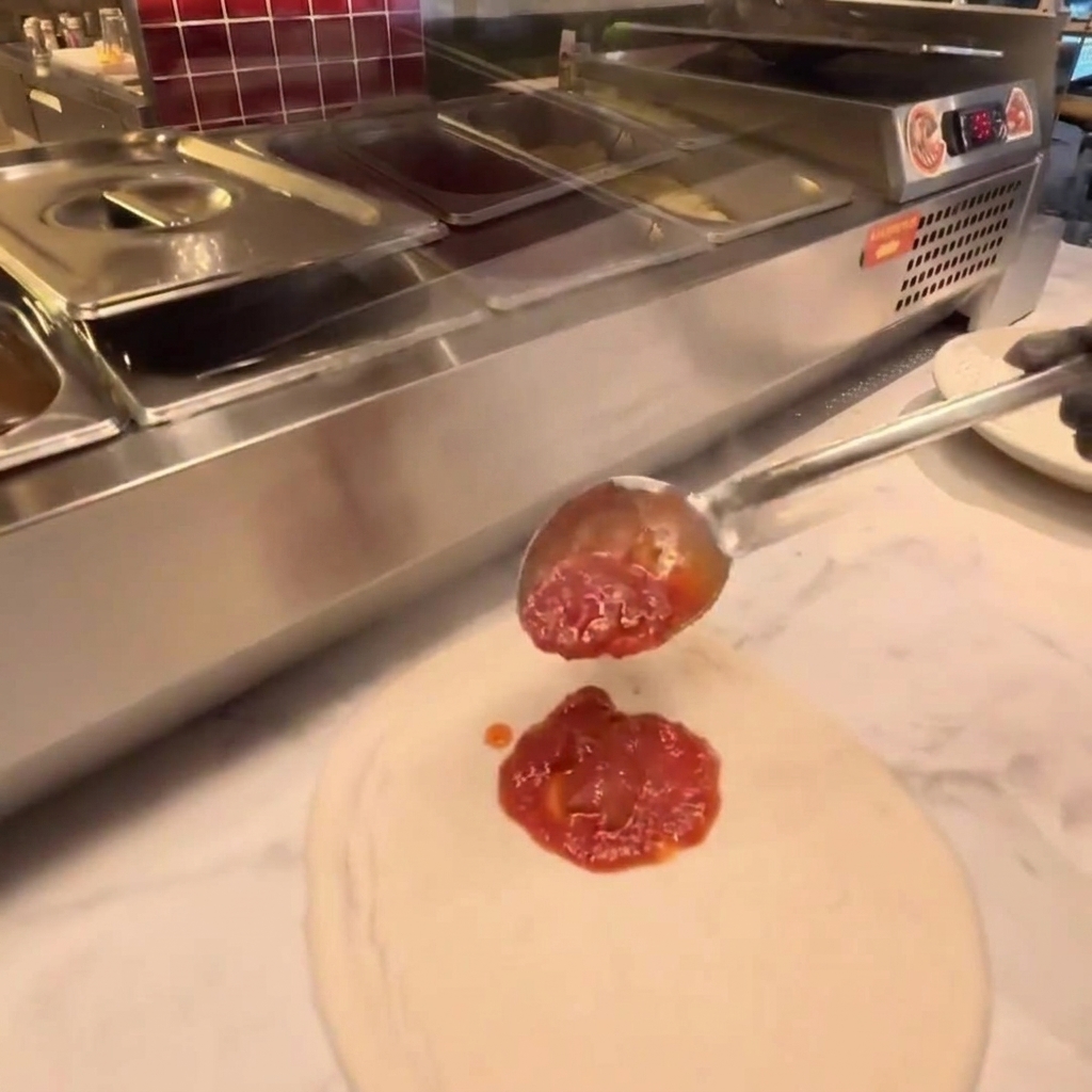 Sos pomidorowy rozprowadzany po okrągłym, rozciągniętym cieście na pizzę za pomocą chochli ze stali nierdzewnej.