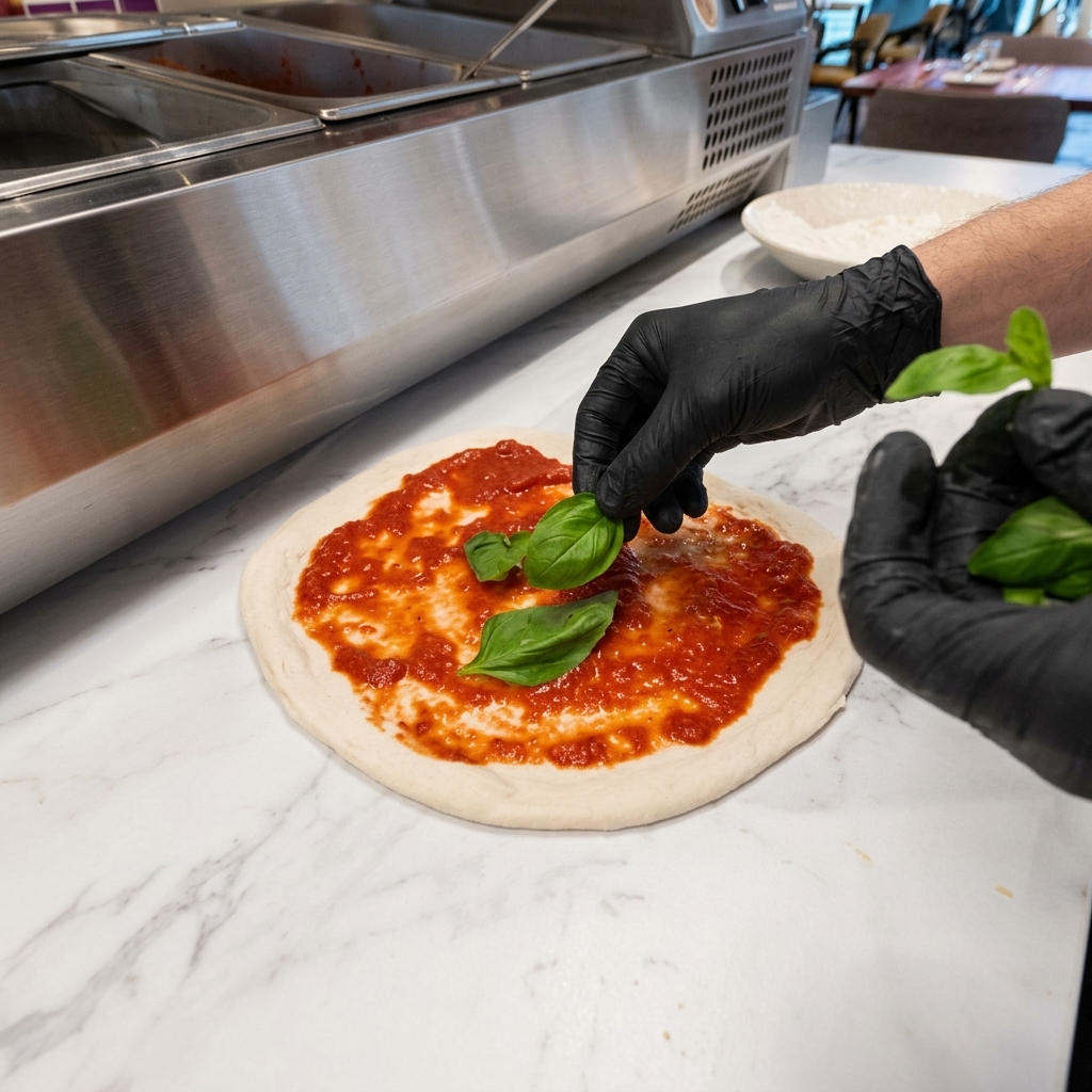 Świeże, zielone liście rukoli układane na cieście do pizzy posmarowanym sosem pomidorowym.