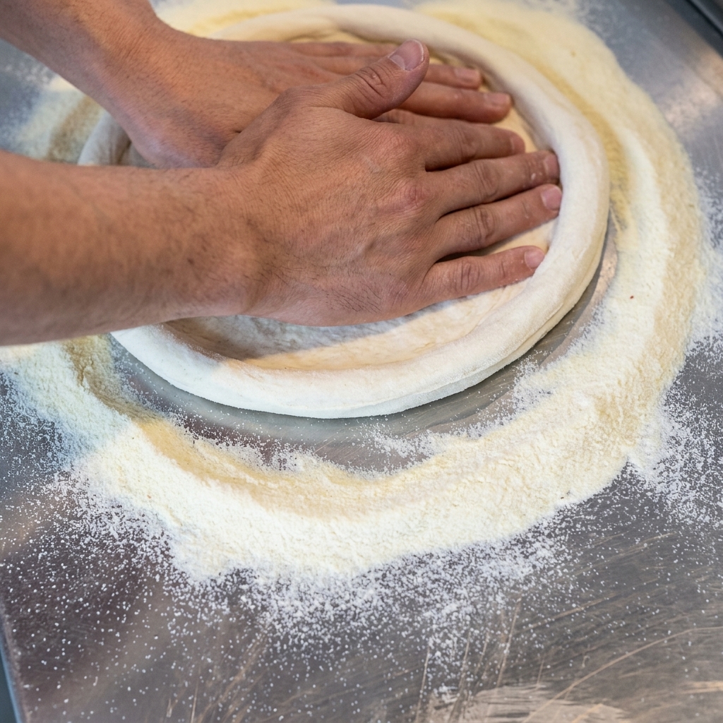 Zbliżenie na dłonie naciskające i rozciągające ciasto na pizzę na oprószonym mąką metalowym stole.