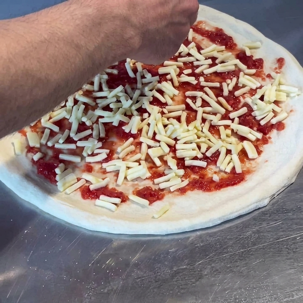 Starty ser posypywany na bazie sosu pomidorowego na cieście do pizzy.