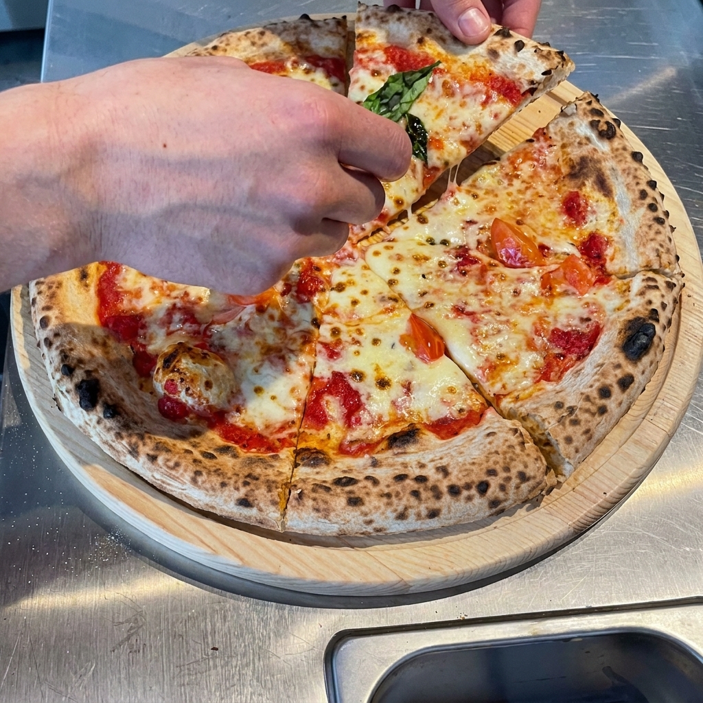 Świeże, zielone liście rukoli układane na gorącym, upieczonym cieście do pizzy.