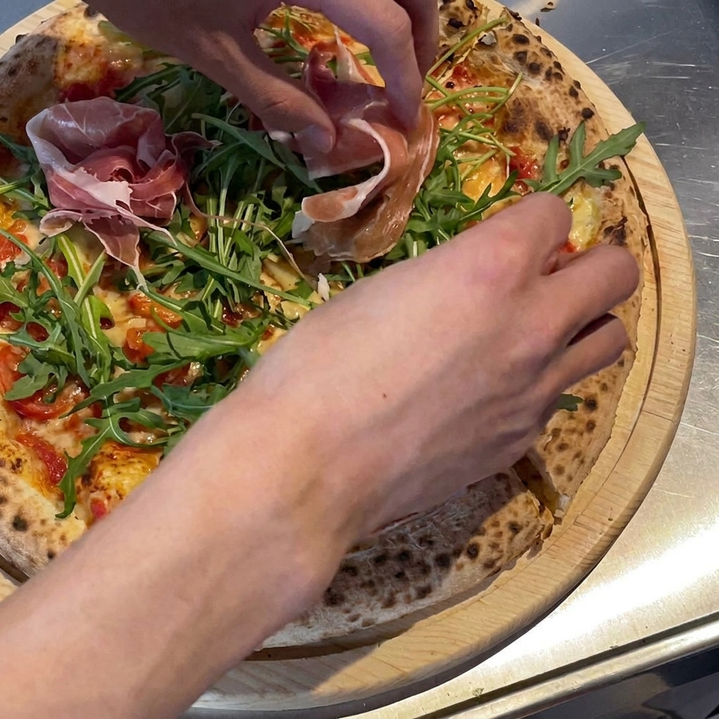 Cienkie, delikatne plastry prosciutto układane na pizzy jako ostatni dodatek.