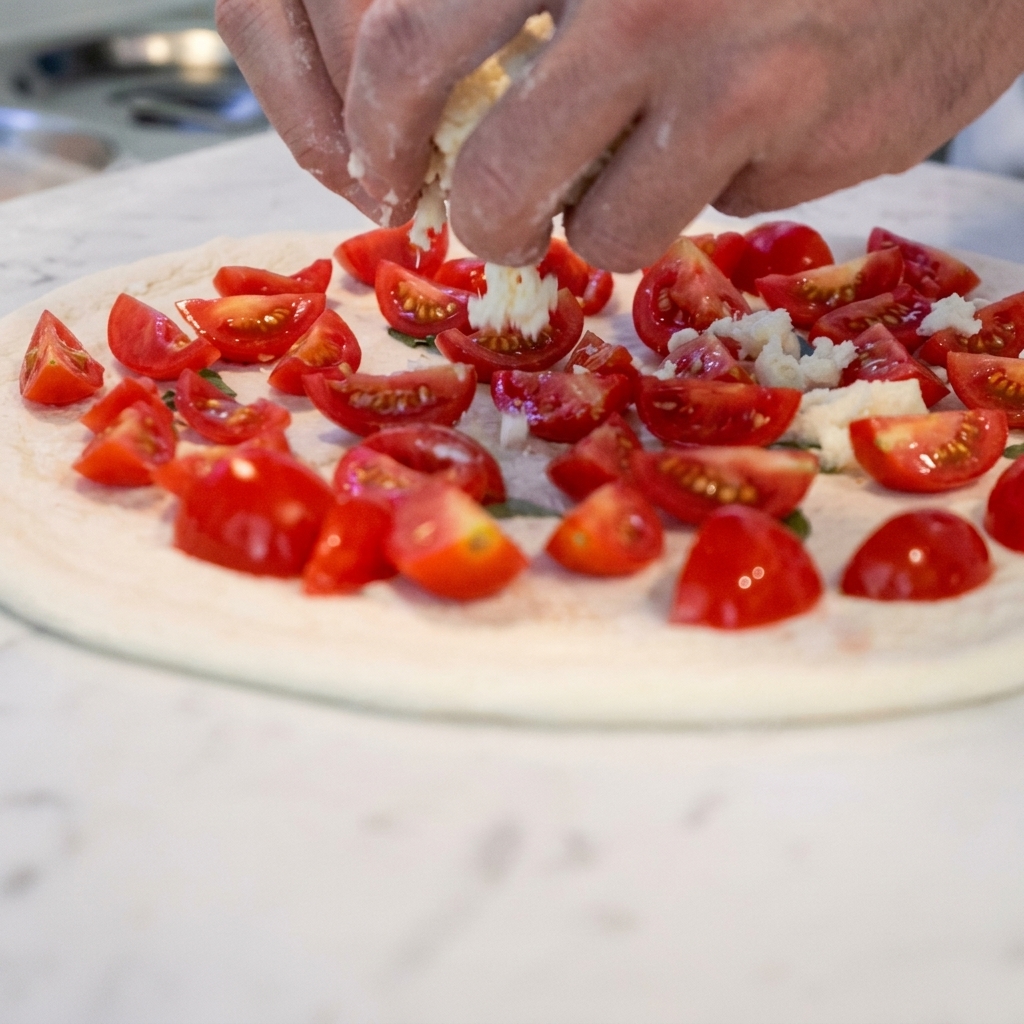 Ser mozzarella równomiernie rozsypany na pizzy pokrytej sosem pomidorowym.