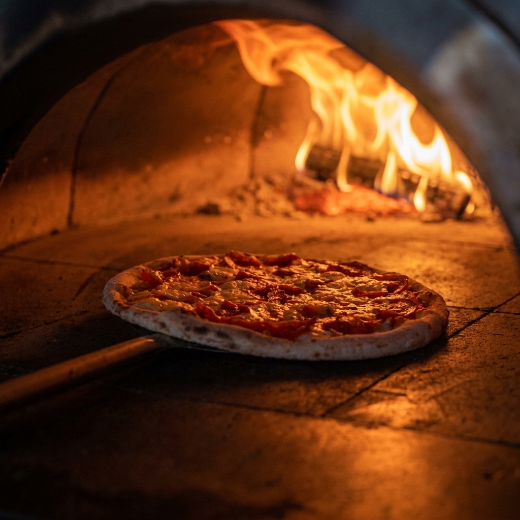 Pizza piekąca się w rozgrzanym piecu opalanym drewnem, obracana długą metalową łopatą.