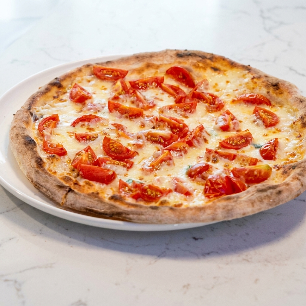 Świeżo upieczona pizza krojona na marmurowym blacie za pomocą noża krążkowego ze stali nierdzewnej.