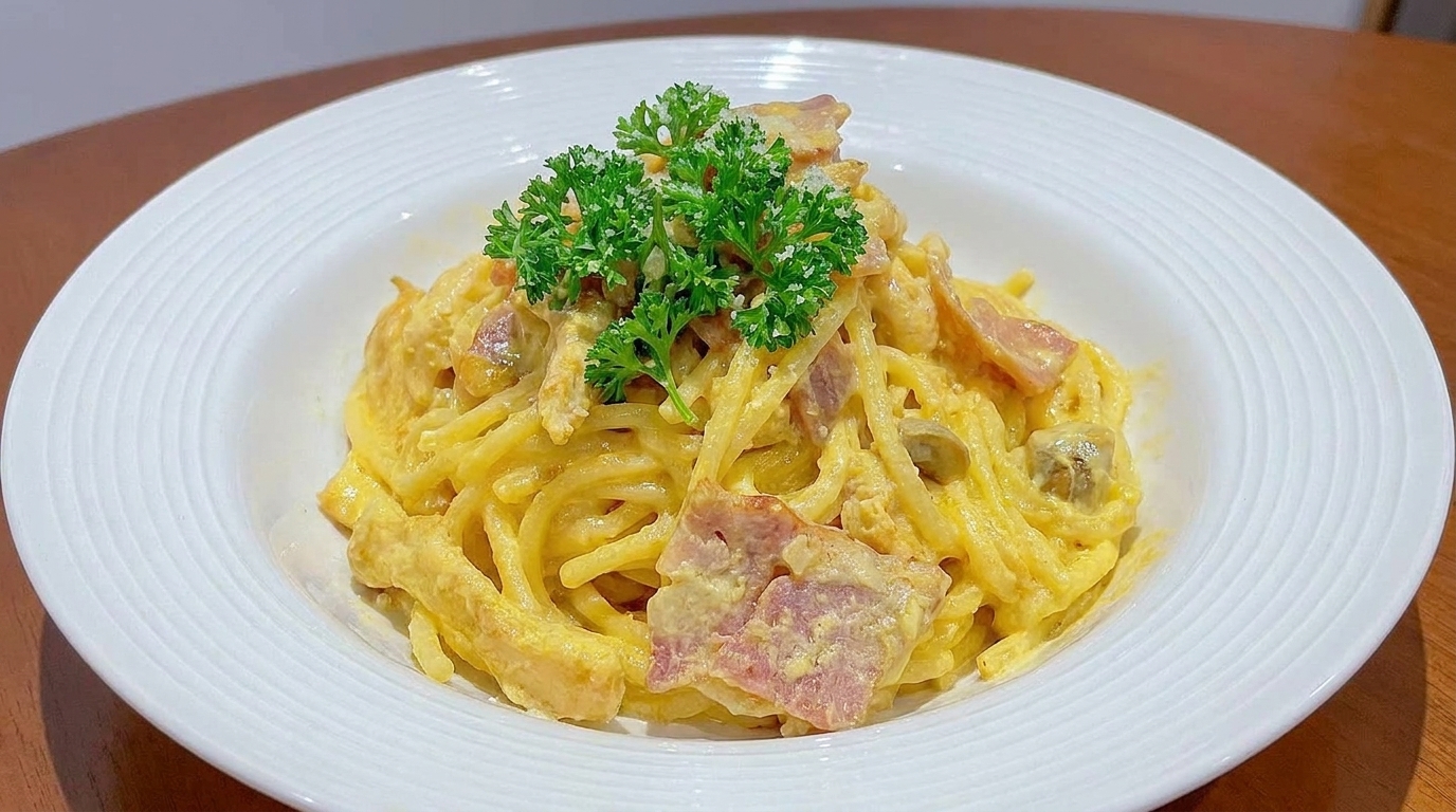 Miska kremowego spaghetti z boczkiem i kurczakiem, posypana świeżą natką pietruszki na ciepłym, drewnianym stole.