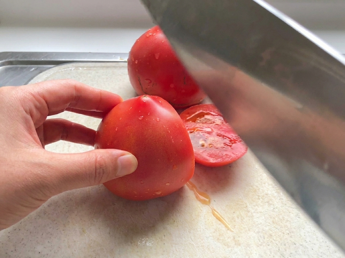 Krojenie świeżych czerwonych pomidorów w kostkę za pomocą dużego noża na białej desce.