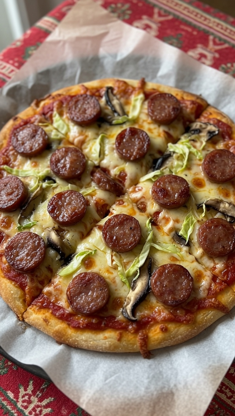 Domowa pizza z włoską kiełbasą i grzybami shiitake
