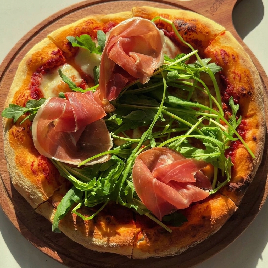 Gorąca, upieczona pizza na drewnianej desce, posypana świeżą zieloną rukolą i złożonymi plastrami szynki parmeńskiej.