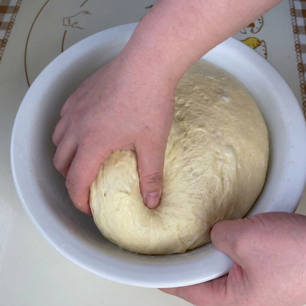 Zbliżenie na rozerwane, wyrośnięte ciasto do pizzy, pokazujące widoczną, przypominającą plaster miodu strukturę wewnątrz.