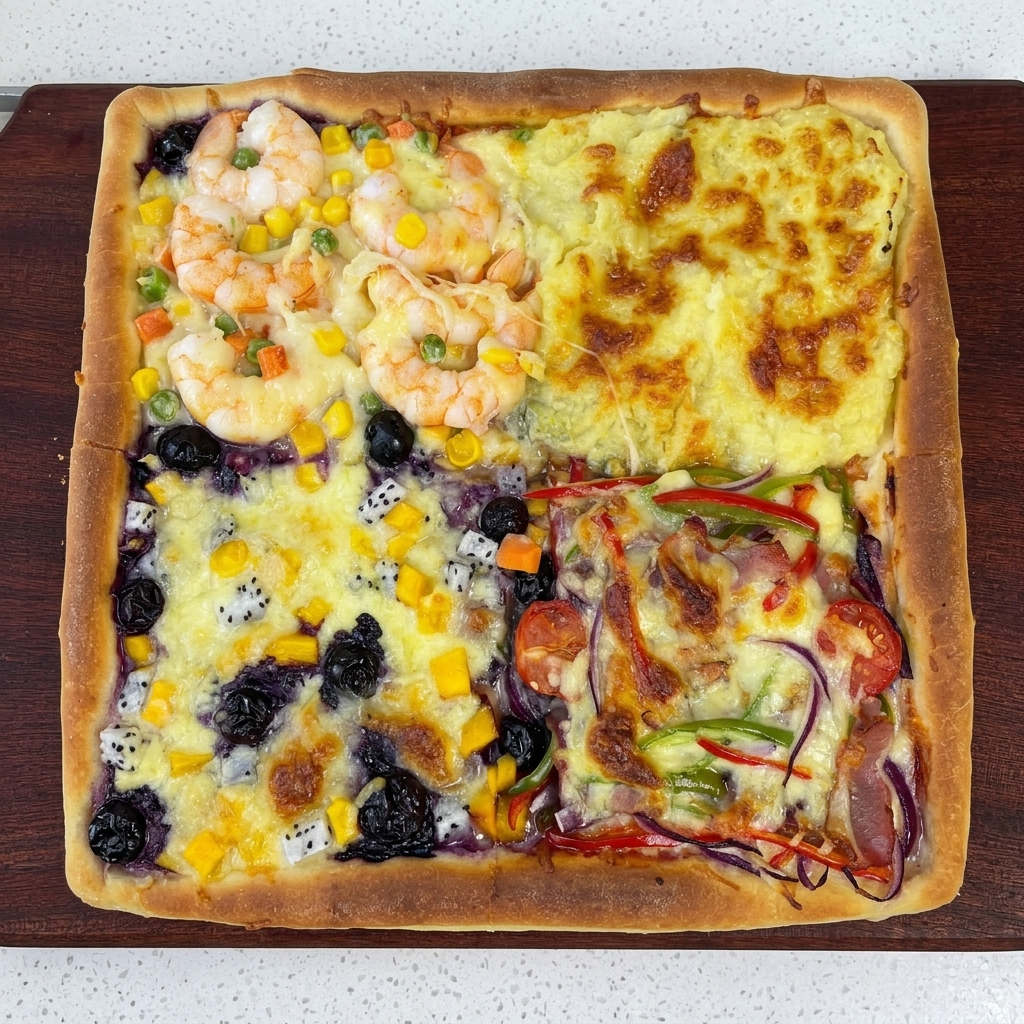 Plastry banana, pokrojone w kostkę mango, borówki i kawałki smoczego owocu starannie ułożone na jednej ćwiartce posypanego serem ciasta.
