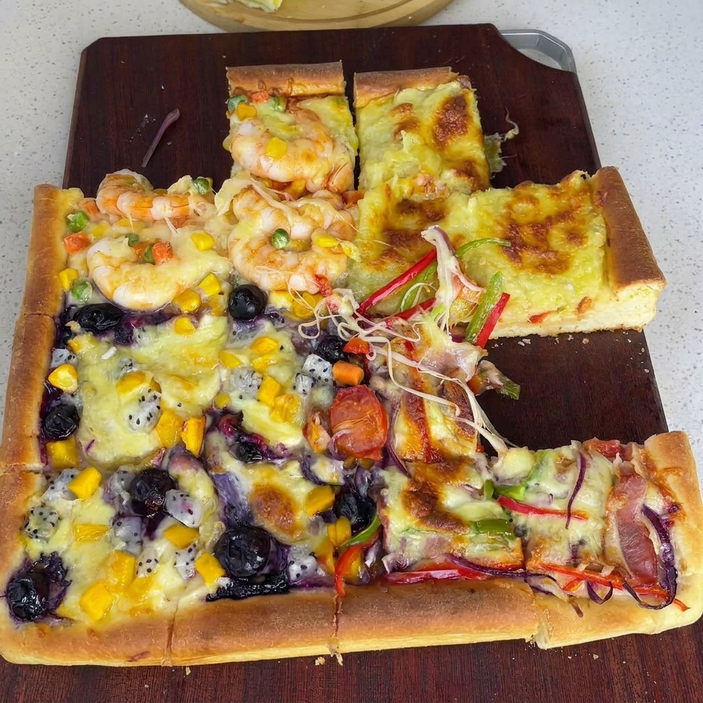 Garść tartego sera posypywana na ułożone dodatki czterosmakowej pizzy.