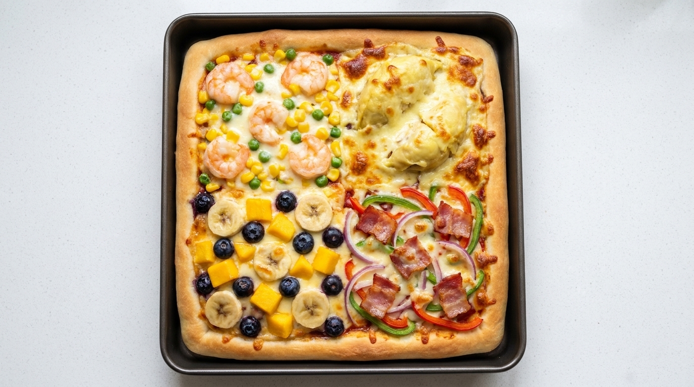 Kwadratowa Pizza Cztery Smaki (Krewetki, Durian, Owoce i Boczek)