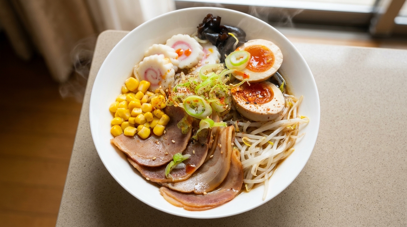 Miska domowego ramenu shoyu z plastrami mięsa chashu, jajkiem na miękko i świeżymi warzywami.