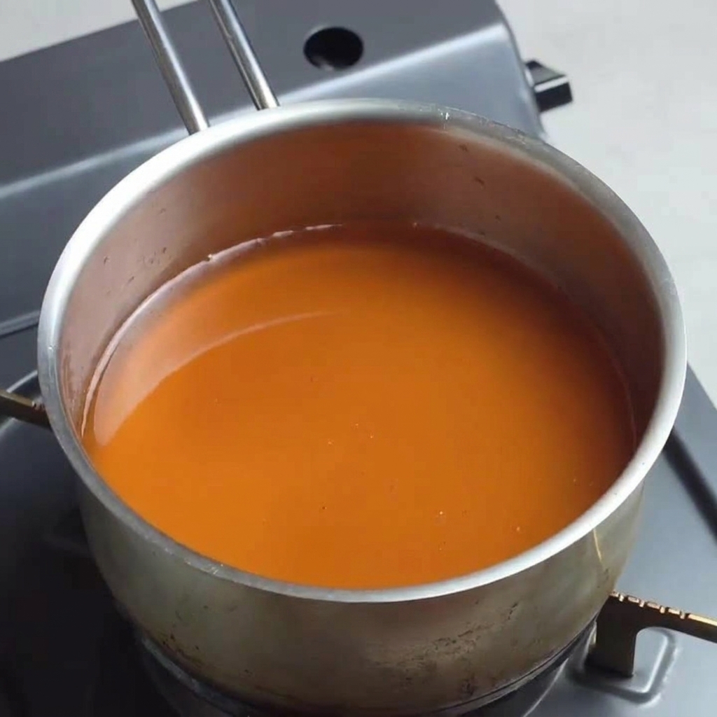 Rondelek z ciemnobursztynową bazą do zupy ramen, gotującą się na średnim ogniu.