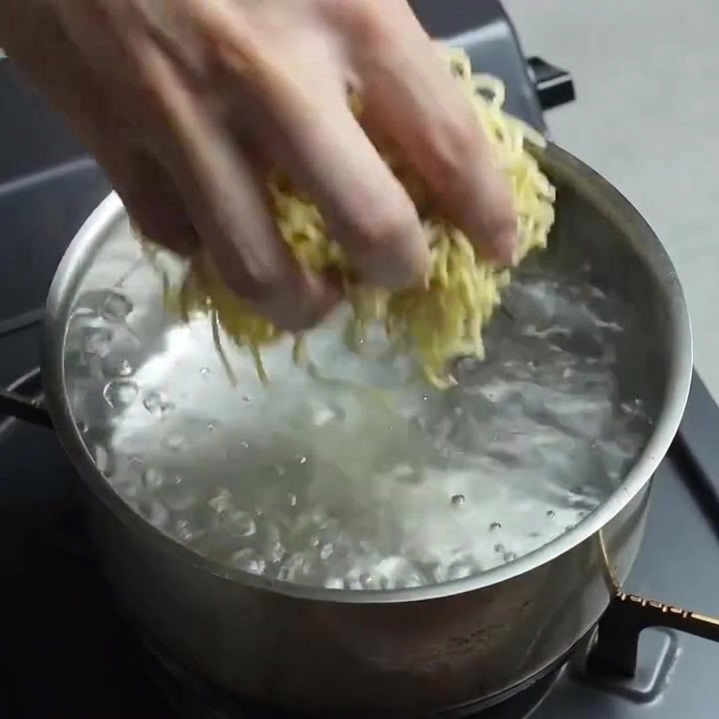 Dłoń ostrożnie wrzucająca porcję świeżego makaronu ramen do garnka z intensywnie gotującą się wodą.