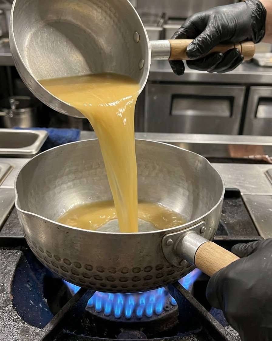 Bulion tonkotsu wlewany do garnka, a następnie dodawana porcja kremowej pasty sezamowej.