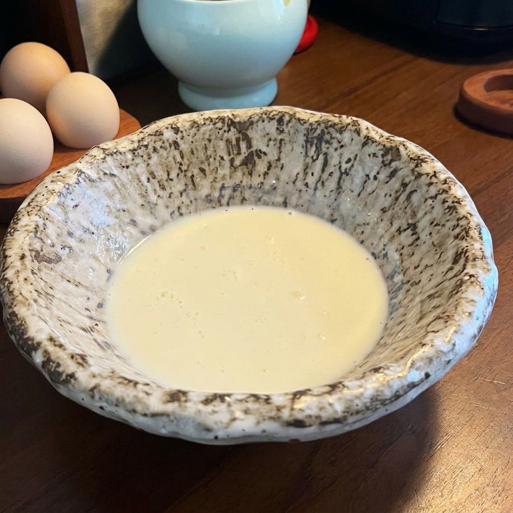 Miska z kremowym, mlecznobiałym bulionem z mleka sojowego i rozpuszczonej pasty miso.