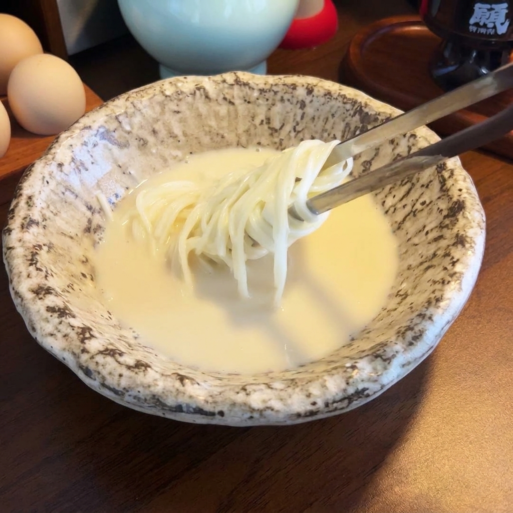 Ugotowany makaron ramen wkładany pałeczkami do kremowego bulionu.