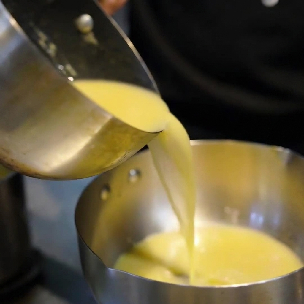 Domowa pasta miso wlewana do rondla z gorącym bulionem.