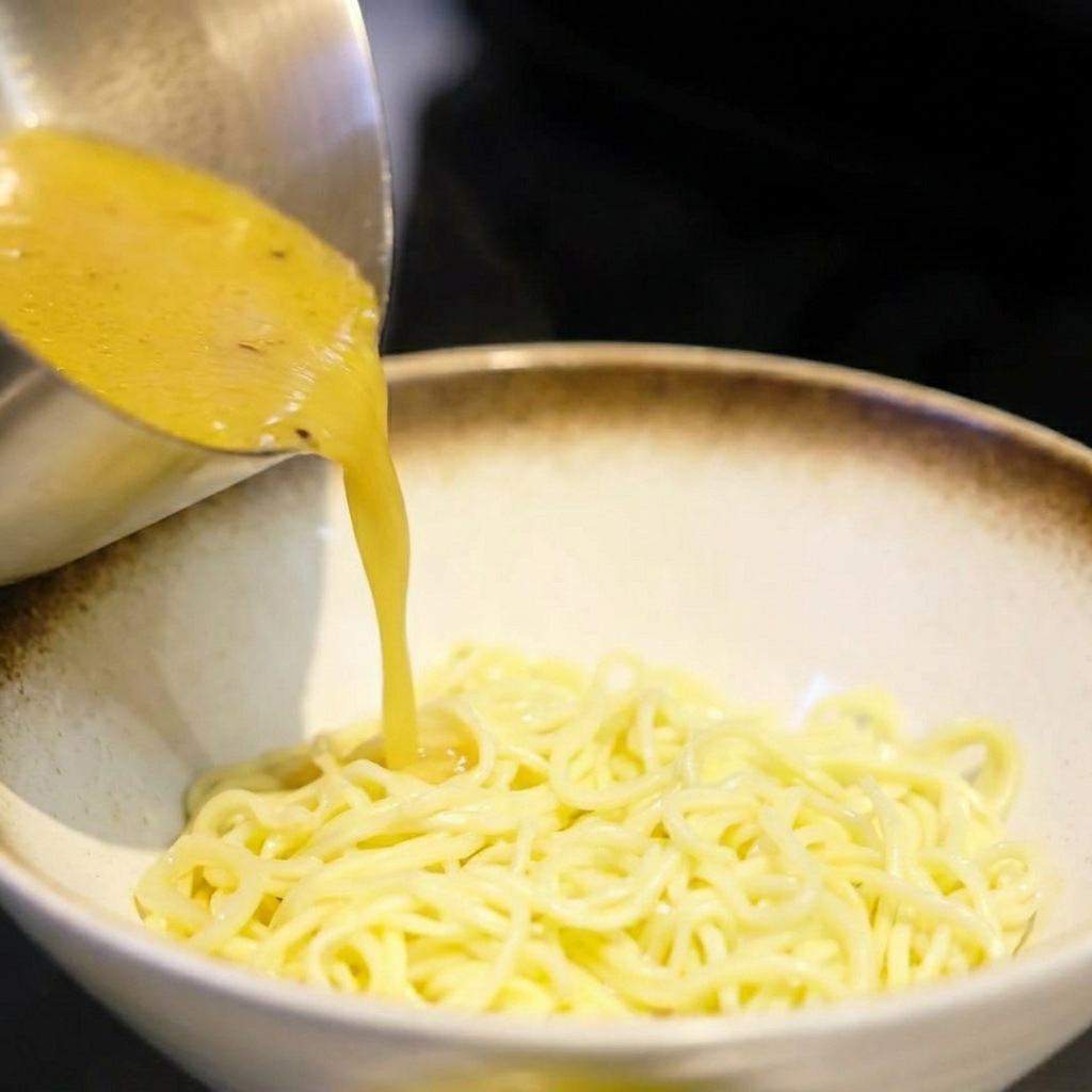 Zbliżenie gorącego, złotego bulionu miso nalanego z chochli ze stali nierdzewnej do miski z gniazdem ugotowanego makaronu ramen.