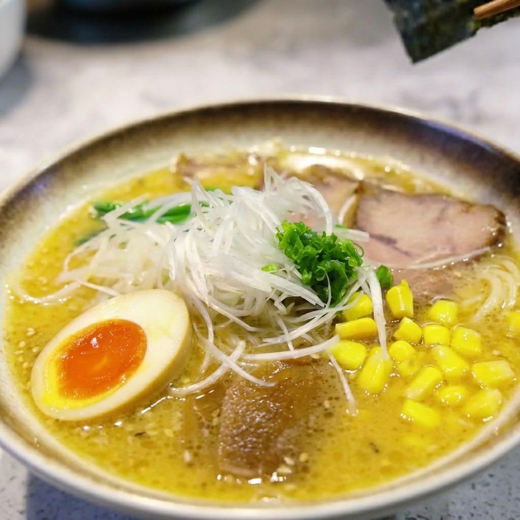 Widok z góry na gotową miskę miso ramen, przedstawiający pokrojone chashu, połówkę jajka ugotowanego na półtwardo, jaskrawożółtą kukurydzę i garść świeżej dymki.