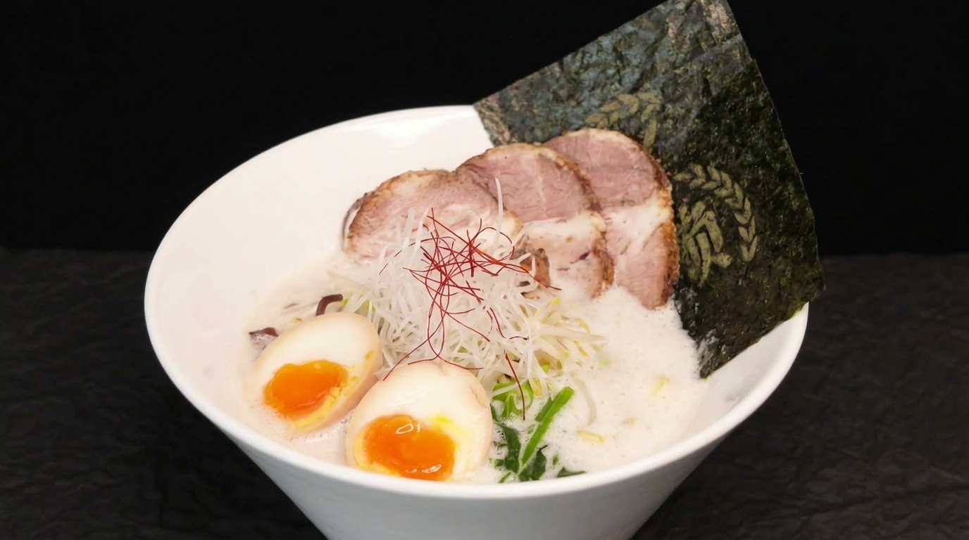 Miska kremowego ramenu Chicken Paitan z pianką, podana z chashu, jajkiem na miękko, grzybami mun i świeżymi ziołami.
