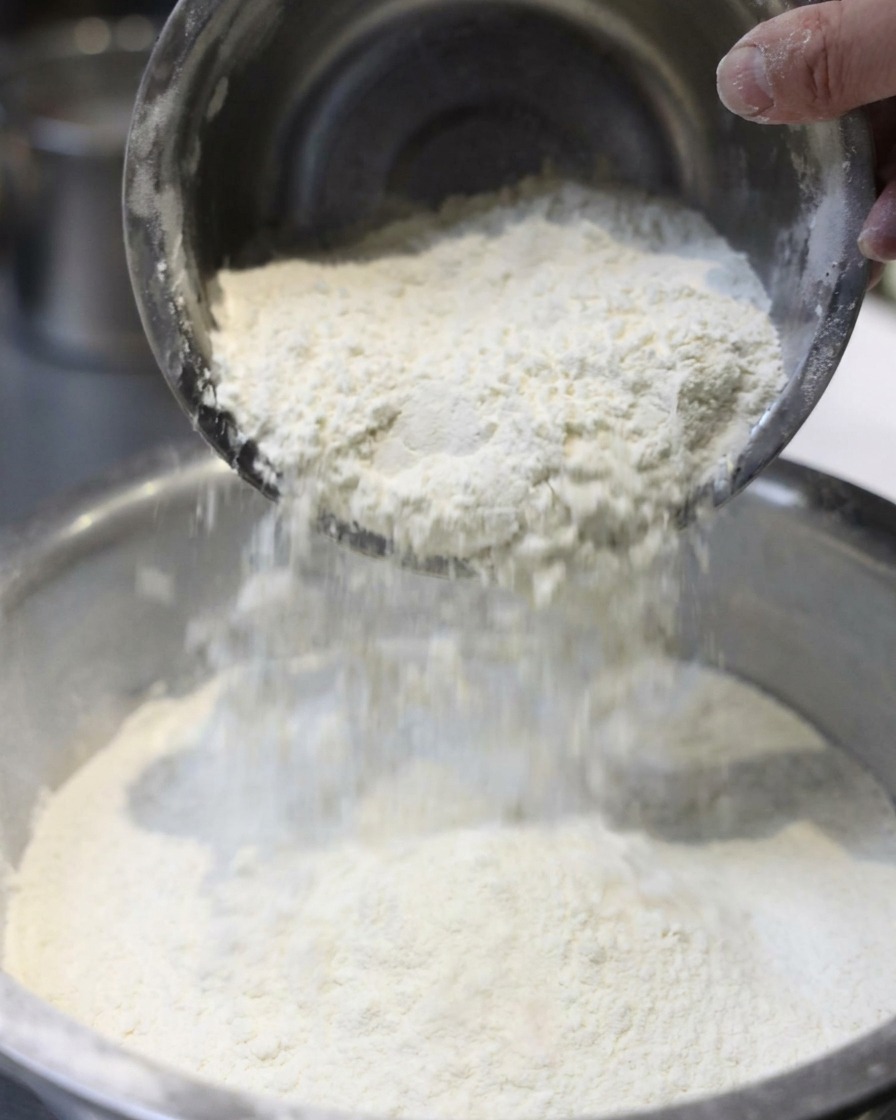 Mąka o wysokiej zawartości glutenu i woda alkaliczna mieszane w mikserze do ciasta.