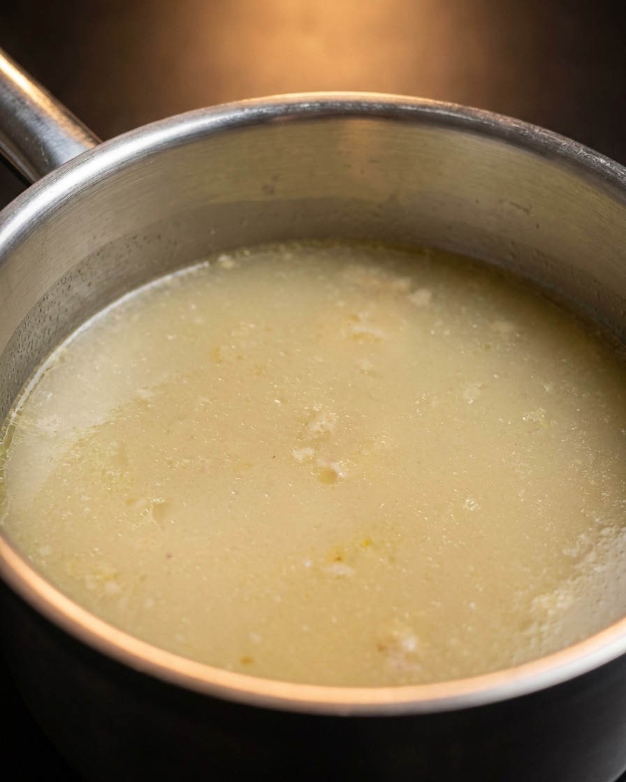 Puree z mięsa z kurczaka mieszane w garnku z gotującym się bulionem.