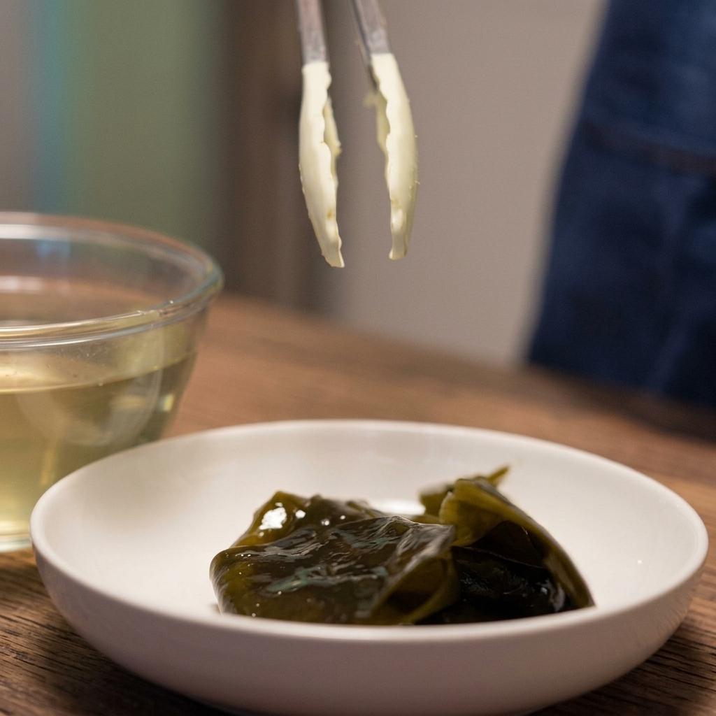 Woda z aromatem kombu jest wlewana do przezroczystego szklanego garnka na drewnianym blacie.
