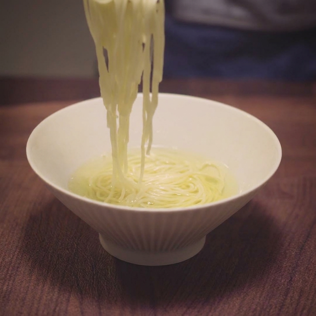 Pałeczki zanurzające porcję ugotowanego, cienkiego makaronu ramen w misce wypełnionej czystym, złocistym bulionem.