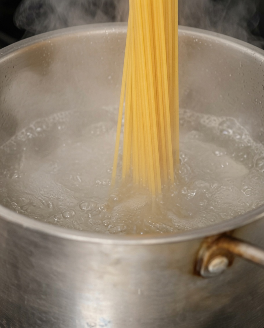 Makaron spaghetti wrzucany do wrzącej osolonej wody.
